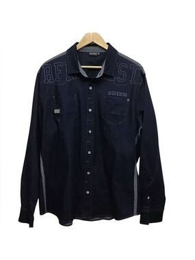RUFEN Men’s XXL Embroidered Denim Button Down Shirt | Cotton Stretch Long Sleeve
